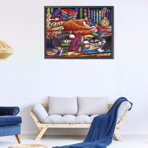 Cat On Desk 60*50CM(Canvas) Full Round Drill Diamond Painting