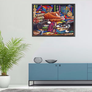 Cat On Desk 60*50CM(Canvas) Full Round Drill Diamond Painting
