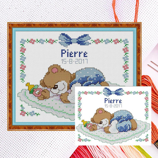 Sleeping Baby Bear (Blue) - Partial 14CT Counted Cross Stitch 25x20CM - Joy Sunday Backstitch