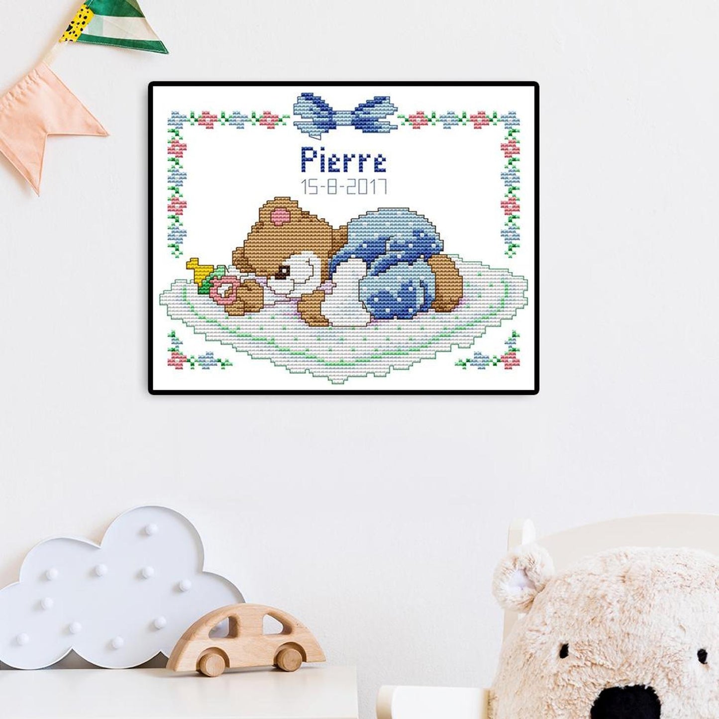 Sleeping Baby Bear (Blue) - Partial 14CT Counted Cross Stitch 25x20CM - Joy Sunday Backstitch