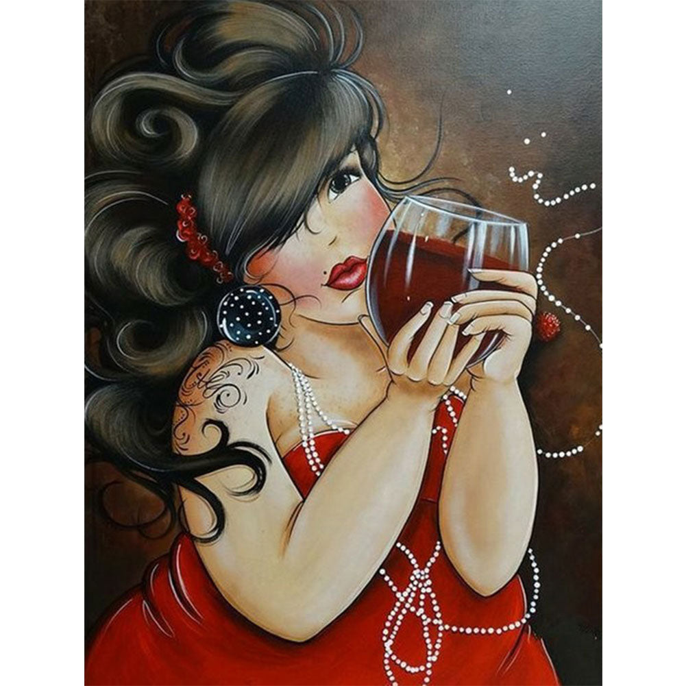 Plump Woman Drinking Red Wine 30*40CM(Canvas) Full Round Drill Diamond Painting