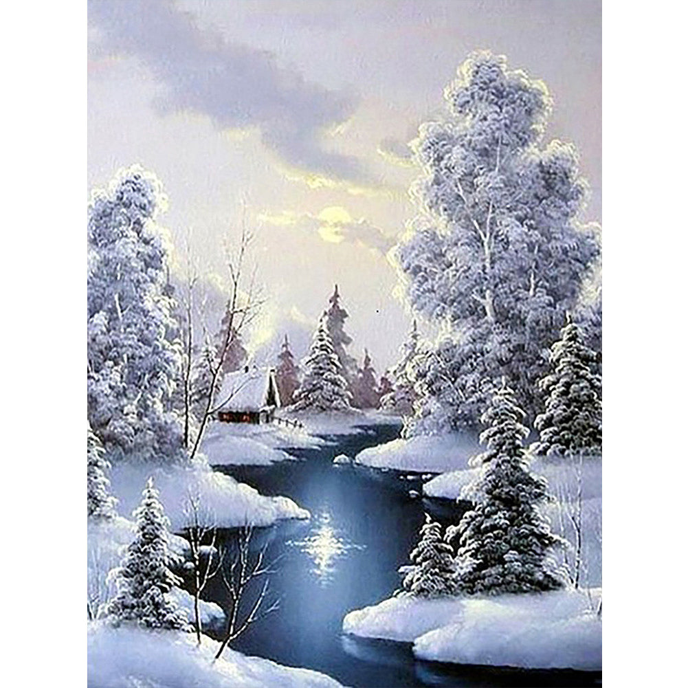 Winter River Snow Scene 30*40CM(Picture) Full Square Drill Diamond Painting