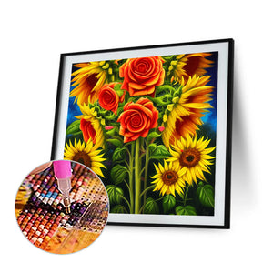 Blooming Roses And Sunflowers 30*30CM(Canvas) Full Round Drill Diamond Painting