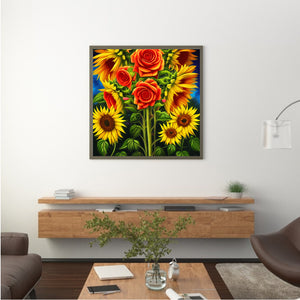 Blooming Roses And Sunflowers 30*30CM(Canvas) Full Round Drill Diamond Painting