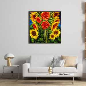 Blooming Roses And Sunflowers 30*30CM(Canvas) Full Round Drill Diamond Painting