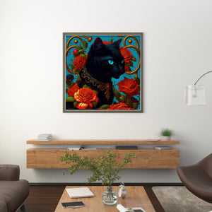 Huancan - Black Cat And Rose - 50*50CM 11CT 3 Stamped Cross Stitch