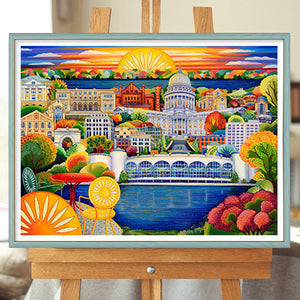 Sunset Over The City 60*45CM(Canvas) Full Round Drill Diamond Painting