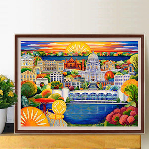Sunset Over The City 60*45CM(Canvas) Full Round Drill Diamond Painting