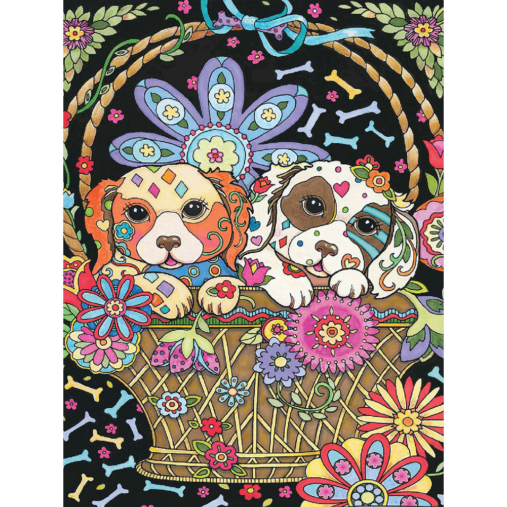 Dog In Flower Basket 30*40CM(Canvas) Full Round Drill Diamond Painting