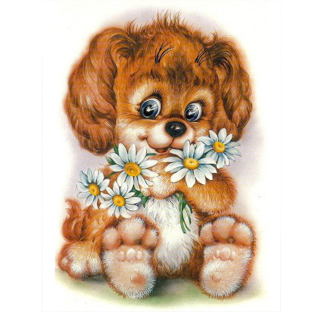 Happy Dog With Flowers 30*40CM(Canvas) Full Round Drill Diamond Painting