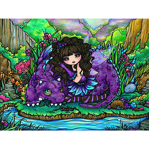 Pixie Girl With Curly Hair And A Purple Dinosaur 40*30CM(Canvas) Full Round Drill Diamond Painting