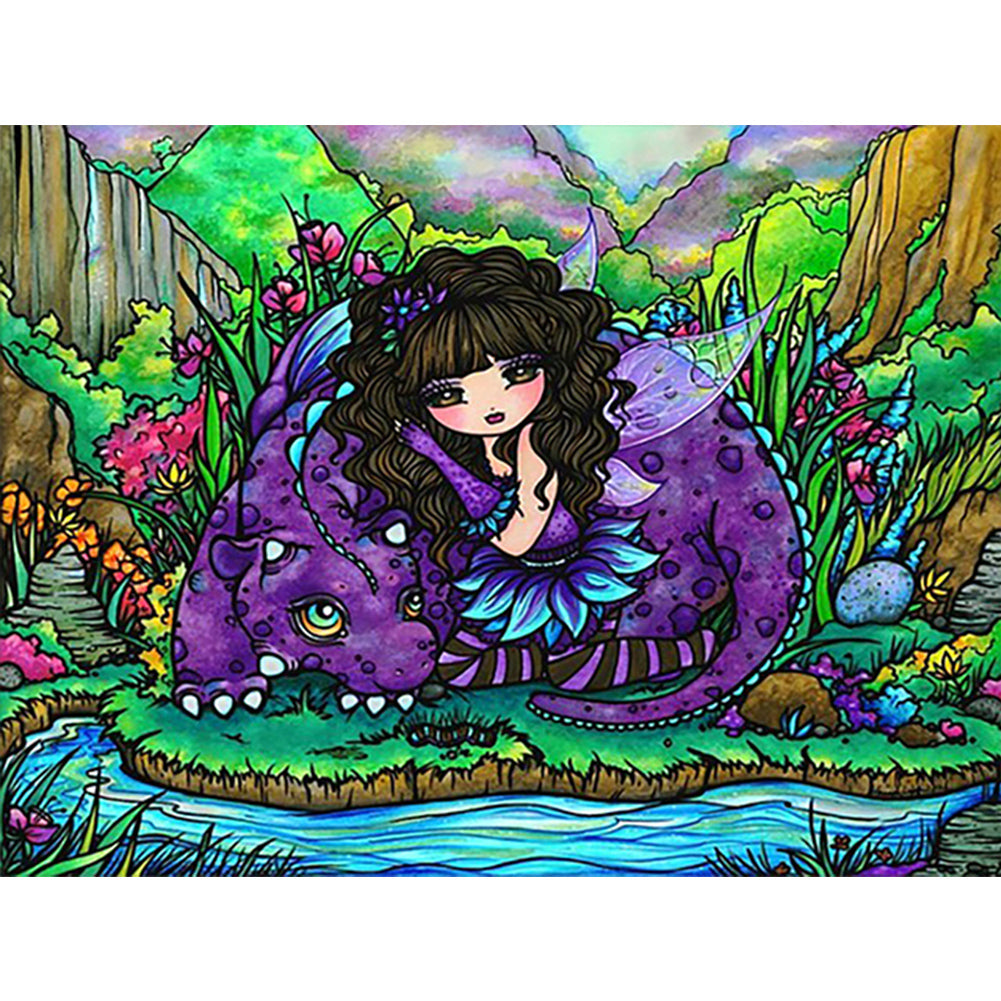 Pixie Girl With Curly Hair And A Purple Dinosaur 40*30CM(Canvas) Full Round Drill Diamond Painting