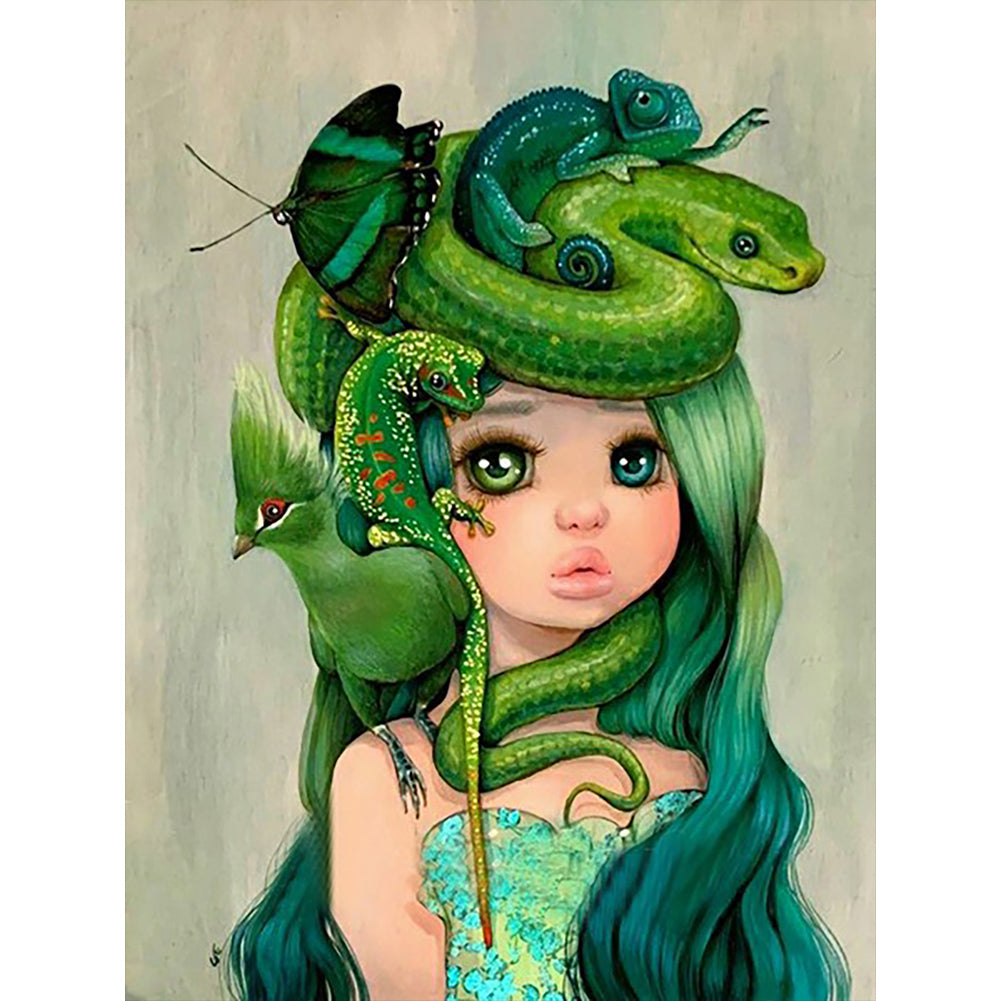 Melancholic Girl With Green Curly Hair 30*40CM(Canvas) Full Round Drill Diamond Painting