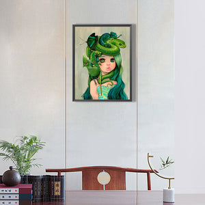 Melancholic Girl With Green Curly Hair 30*40CM(Canvas) Full Round Drill Diamond Painting