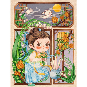 Yishu - Little Girl And Flowers - 40*56CM 11CT 3 Stamped Cross Stitch