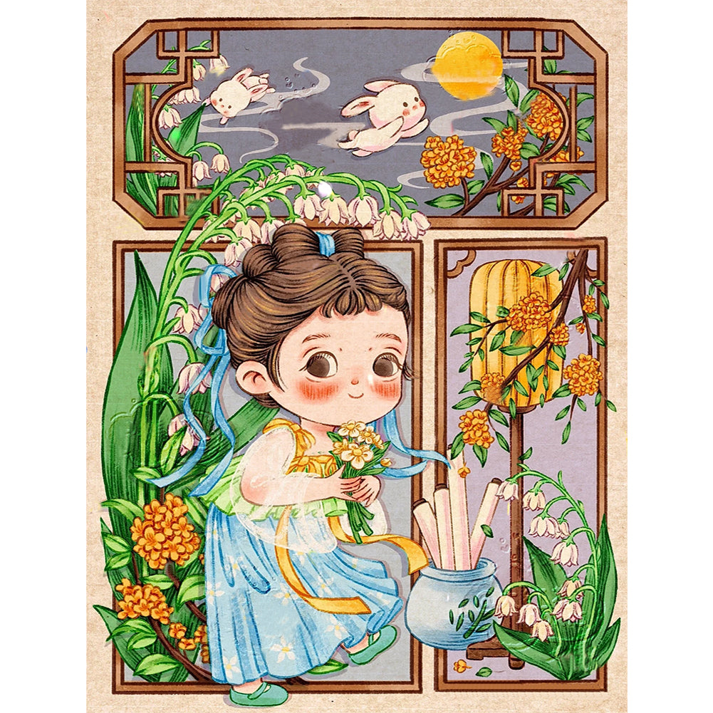 Yishu - Little Girl And Flowers - 40*56CM 11CT 3 Stamped Cross Stitch