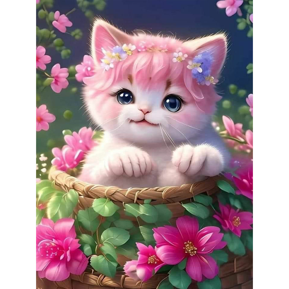 Cat In A Flower Basket 30*40CM(Canvas) Full Round Drill Diamond Painting