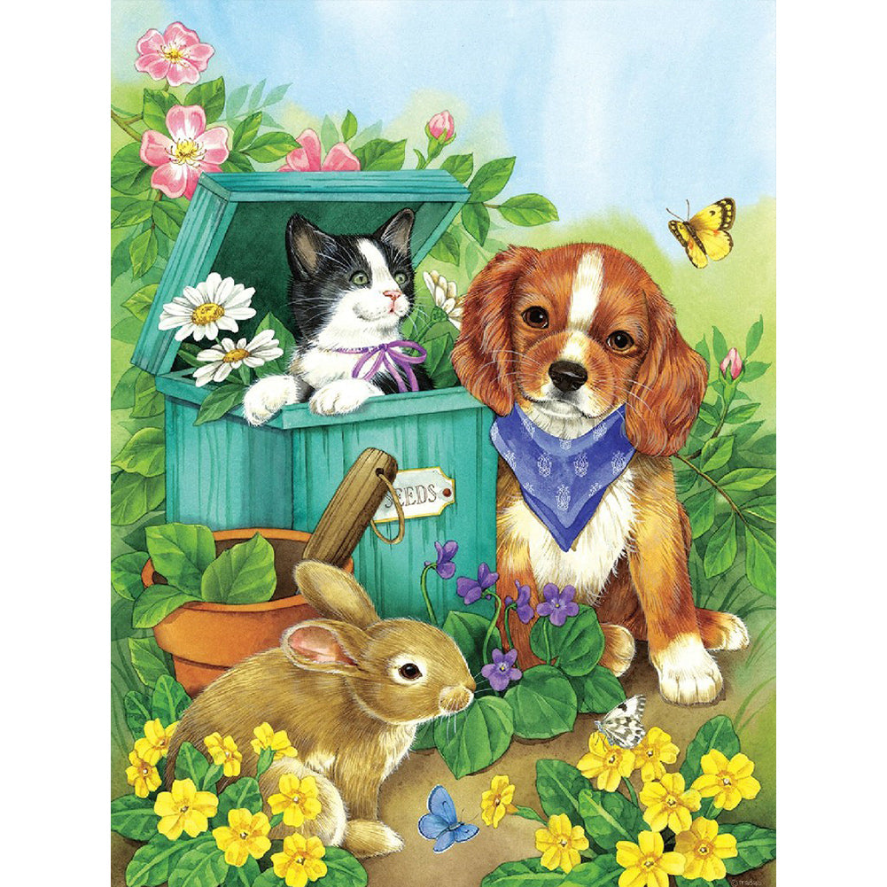 Cat And Dog Playing 30*40CM(Canvas) Full Round Drill Diamond Painting