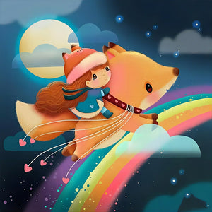 Girl Running With A Fox On A Rainbow Bridge 30*30CM(Canvas) Full Round Drill Diamond Painting