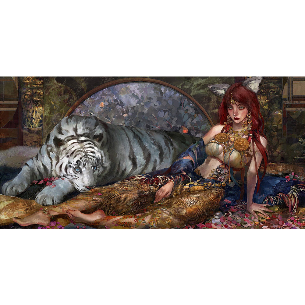 Huancan - Girl And Tiger - 90*50CM 11CT 3 Stamped Cross Stitch