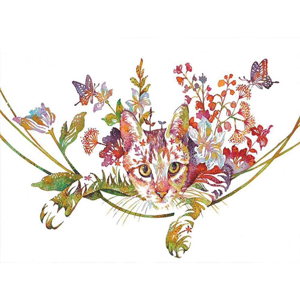 Cat With Flowers 40*30CM(Canvas) Full Round Drill Diamond Painting