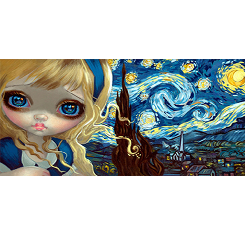 Alice In Wonderland And Van Gogh'S Nighttime Starry Sky Painting 90*40CM(Canvas) Full Round Drill Diamond Painting