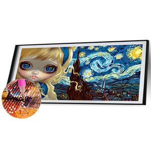 Alice In Wonderland And Van Gogh'S Nighttime Starry Sky Painting 90*40CM(Canvas) Full Round Drill Diamond Painting
