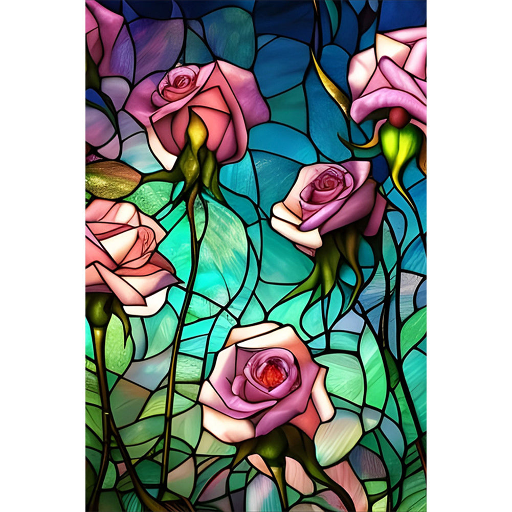 Pink Rose Glass Painting 40*60CM(Canvas) Full Round Drill Diamond Painting