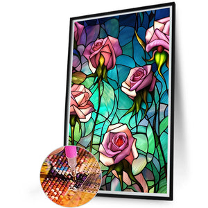 Pink Rose Glass Painting 40*60CM(Canvas) Full Round Drill Diamond Painting