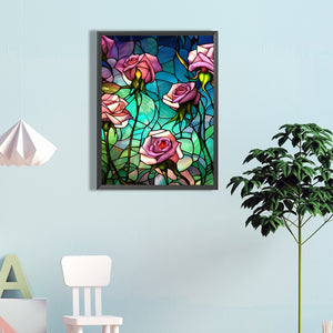 Pink Rose Glass Painting 40*60CM(Canvas) Full Round Drill Diamond Painting