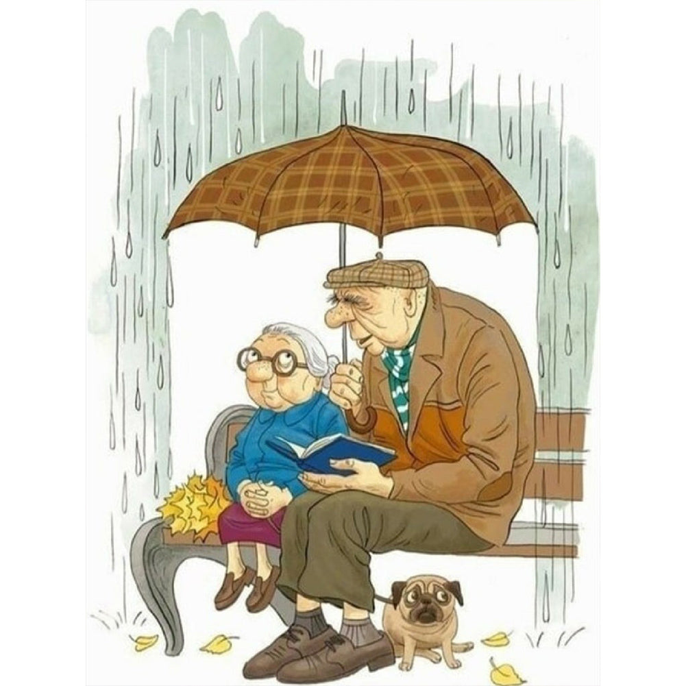 Old Couple On A Date In The Rain 30*40CM(Canvas) Full Round Drill Diamond Painting