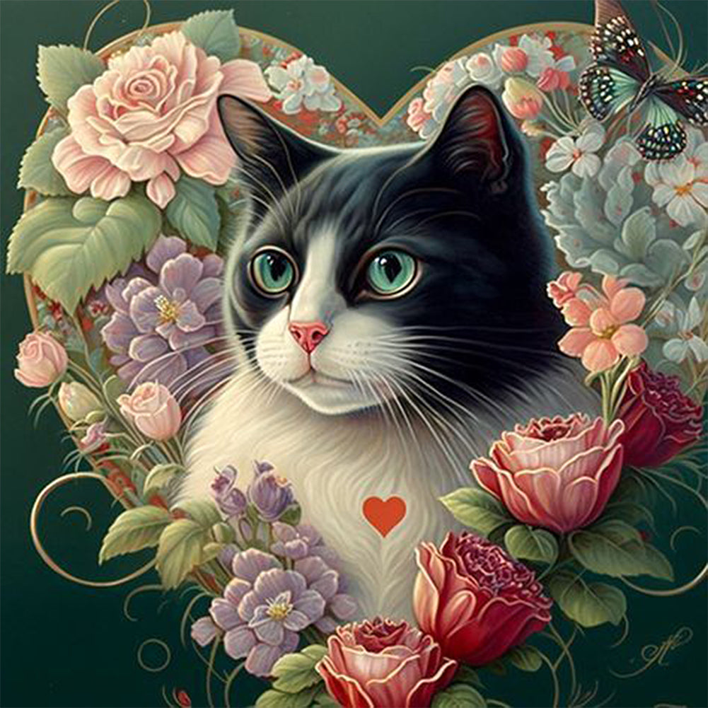 Heart-Shaped Cat With Flowers 40*40CM(Canvas) Full Round Drill Diamond Painting