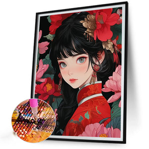 Girl In Red 40*55CM(Canvas) Full Round Drill Diamond Painting
