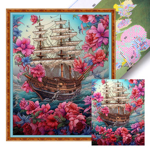 Huancan - Boat And Flowers - 40*50CM 16CT 2 Stamped Cross Stitch