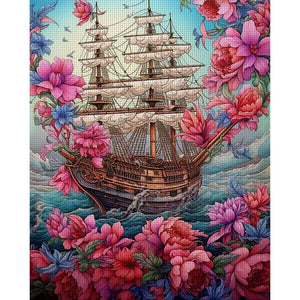 Huancan - Boat And Flowers - 40*50CM 16CT 2 Stamped Cross Stitch