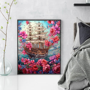 Huancan - Boat And Flowers - 40*50CM 16CT 2 Stamped Cross Stitch