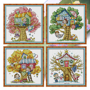 Joy Sunday - Four Seasons Treehouse - 27*27CM 14CT 2 Stamped Cross Stitch