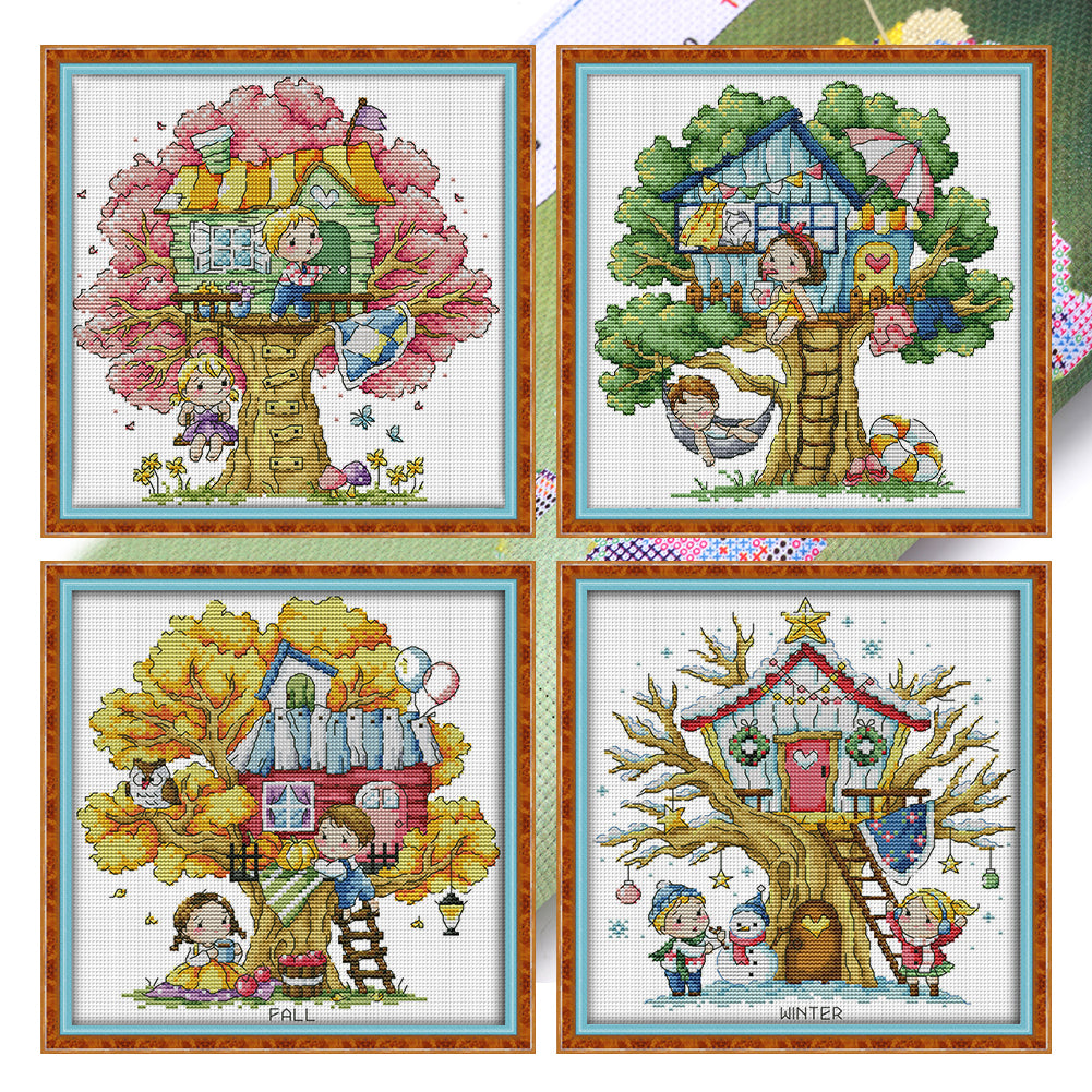 Joy Sunday - Four Seasons Treehouse - 27*27CM 14CT 2 Stamped Cross Stitch