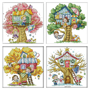 Joy Sunday - Four Seasons Treehouse - 27*27CM 14CT 2 Stamped Cross Stitch