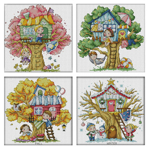 Joy Sunday - Four Seasons Treehouse - 27*27CM 14CT 2 Stamped Cross Stitch