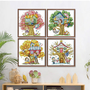 Joy Sunday - Four Seasons Treehouse - 27*27CM 14CT 2 Stamped Cross Stitch