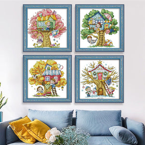 Joy Sunday - Four Seasons Treehouse - 27*27CM 14CT 2 Stamped Cross Stitch