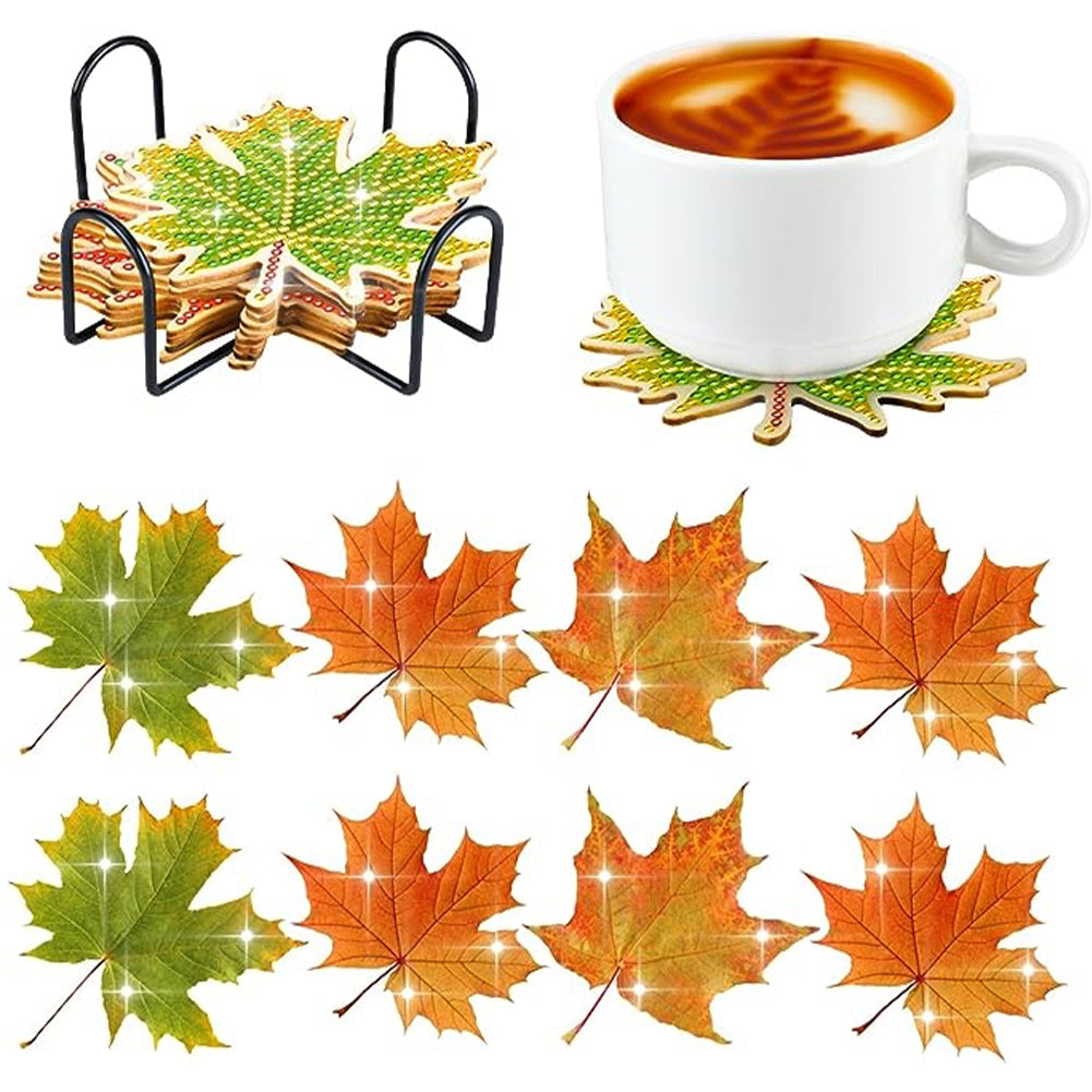 8 Pcs Acrylic Diamond Painting Coasters Kits with Holder Cork Pads (Maple Leaf)