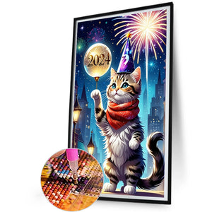 New Year Kitten 30*50CM(Picture) Full Round Drill Diamond Painting