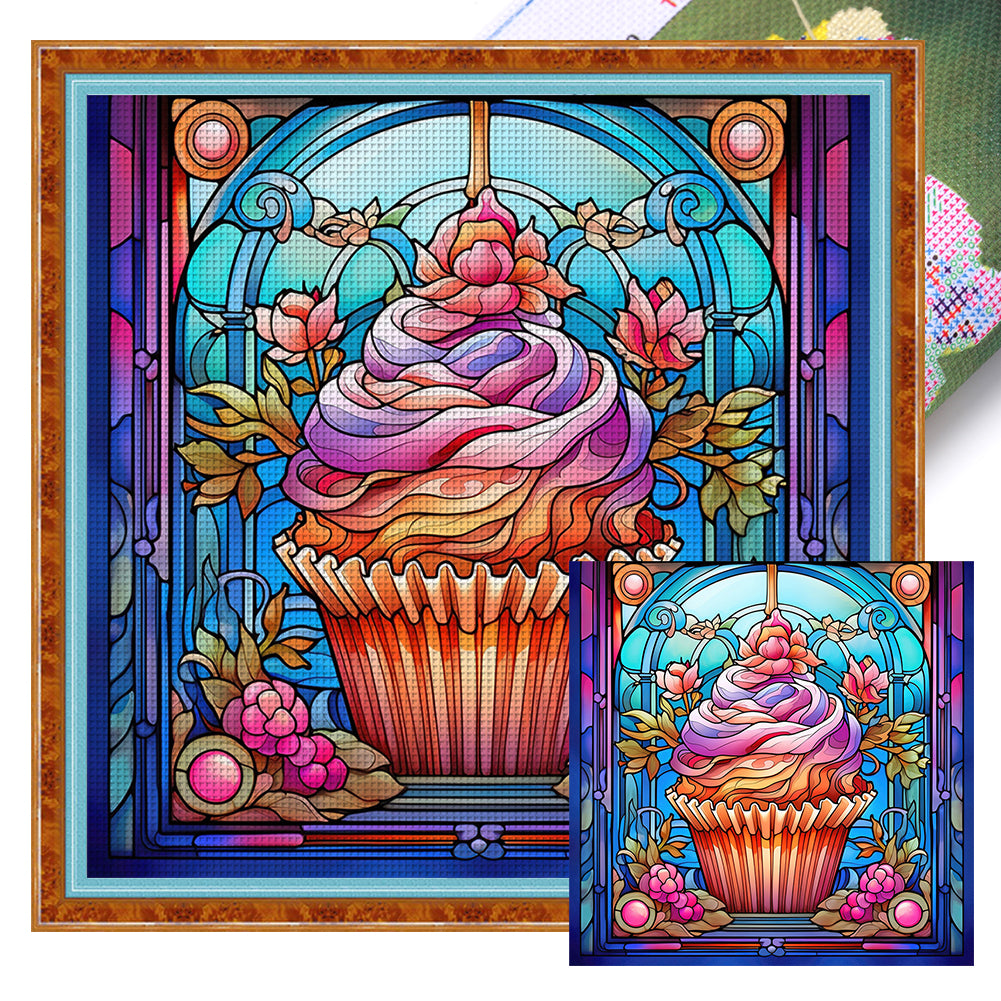 Yishu - Glass Painting - Cupcakes - 40*40CM 11CT 3 Stamped Cross Stitch