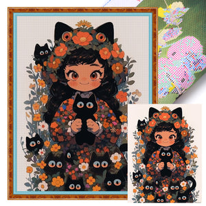 Huancan - Black Cat And Cat Girl - 45*60CM 11CT 3 Stamped Cross Stitch