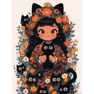 Huancan - Black Cat And Cat Girl - 45*60CM 11CT 3 Stamped Cross Stitch