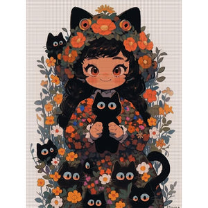 Huancan - Black Cat And Cat Girl - 45*60CM 11CT 3 Stamped Cross Stitch