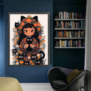 Huancan - Black Cat And Cat Girl - 45*60CM 11CT 3 Stamped Cross Stitch
