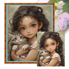Load image into Gallery viewer, Yishu - Dark-Haired Girl And Kitten - 50*60CM 11CT 3 Stamped Cross Stitch
